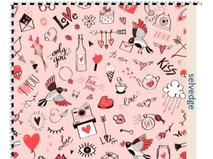 love hearts pink cotton fabric 
